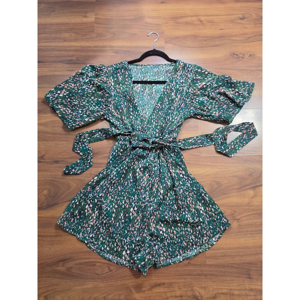 NWT SHEIN Romper Size M Green Abstract Print V-Neck Belted Flutter Sleeve